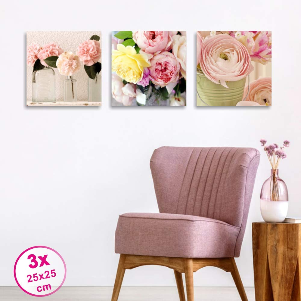 Quadri L&C ITALIA Tris Rose Shabby Chic - Quadretti da Parete 25 x 25 Quadri Moderni con Fiori per Soggiorno Camera da Letto Cucina Stampa su Tela Canvas