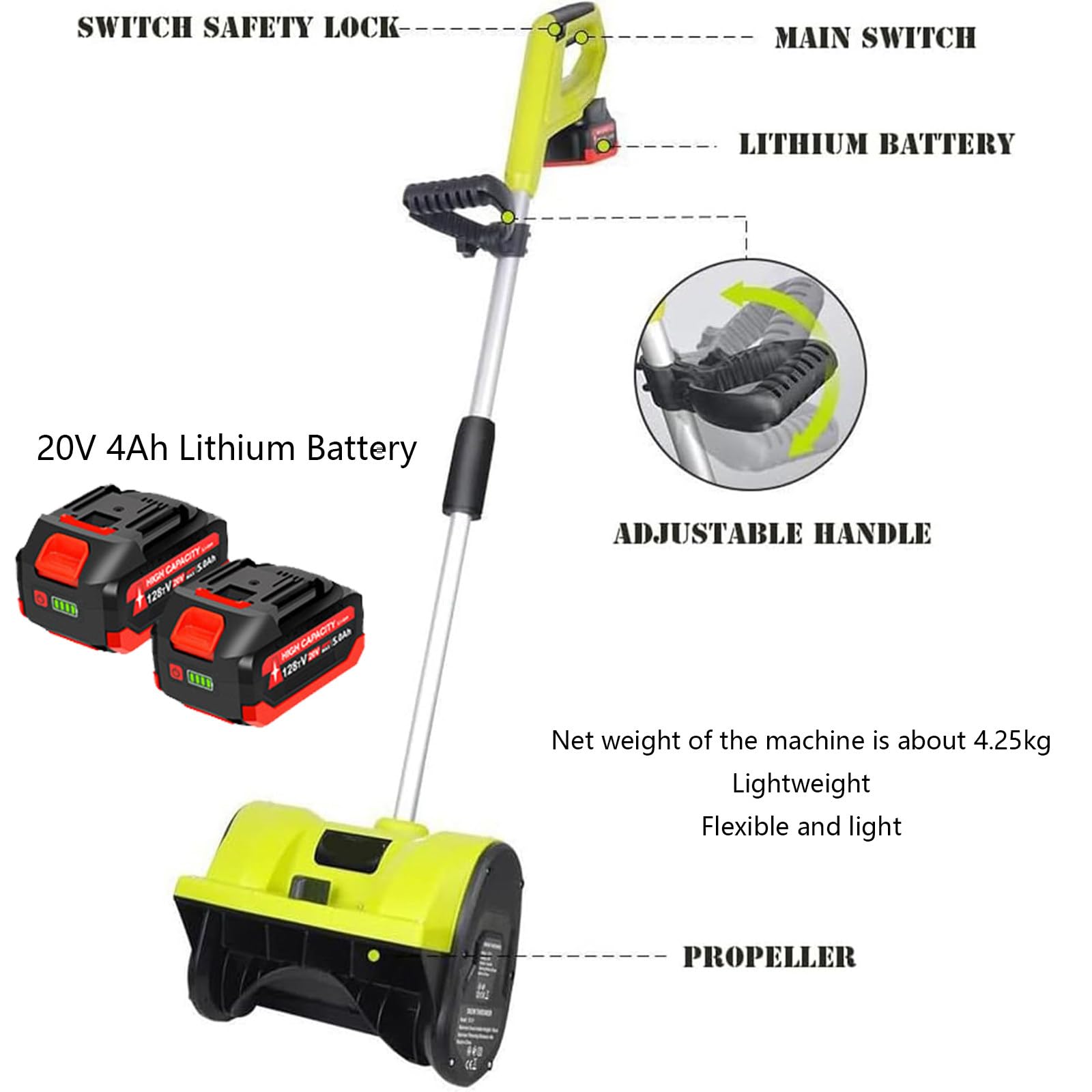 Pala da Neve elettrica Senza Fili, Larghezza 32 cm, spazzaneve a Batteria, con 2 batterie e caricabatteria rapido