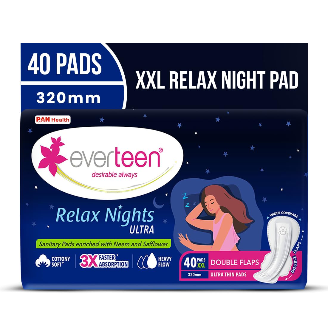 everteen Relax Nights Ultra Thin 40 XXL Sanitary Pads for Women, Rash Free Sanitary Napkins for Heavy Flow, Cotton Pads with Wider Back, Pack of 1 (40 Pads, 320mm)