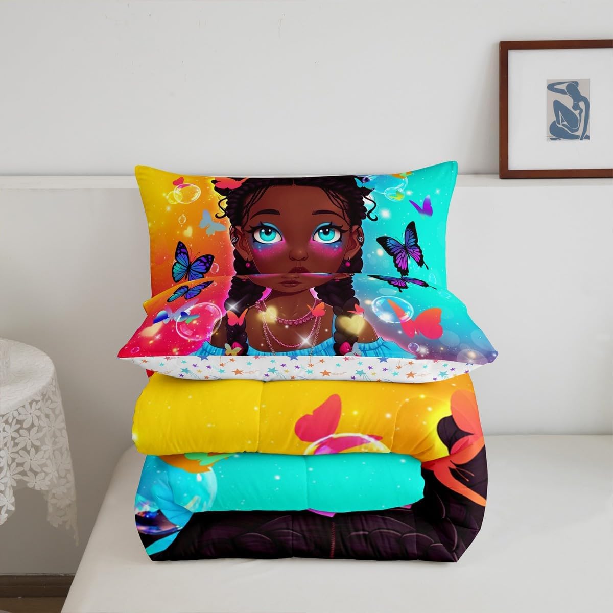 Erosebridal African American Black Girls Comforter Set - Queen Size,Magic Bedding for Kawaii Princess Bedroom Decor,Duvet Insert Dreamy Butterfly Quilt 3 Pcs