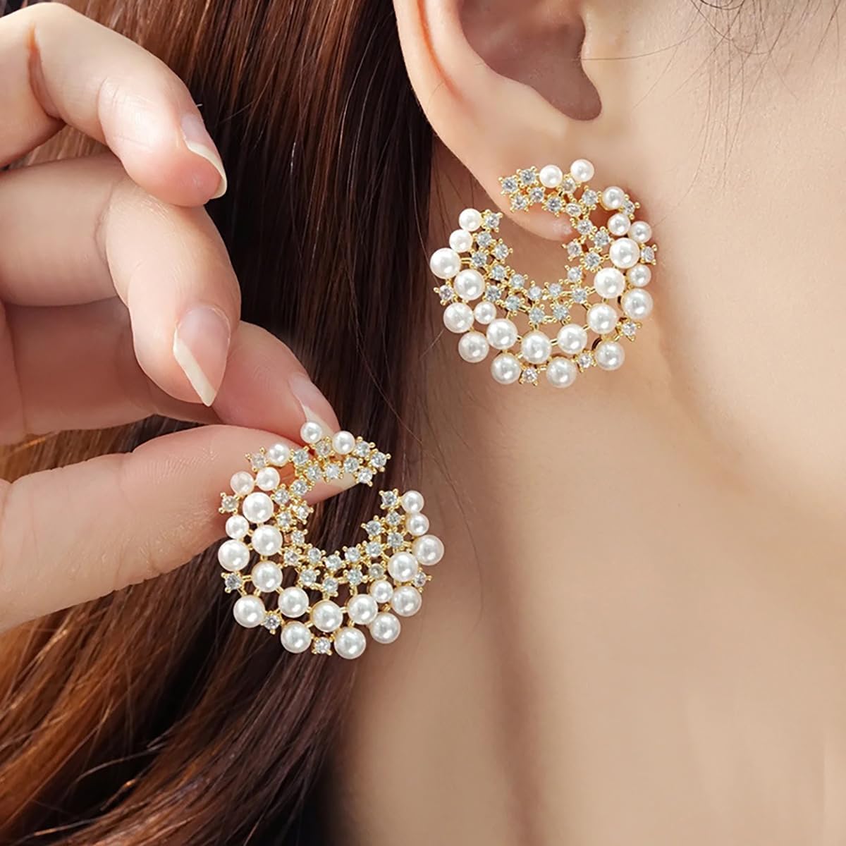 Rhinestone Bridal Earrings Sparkling Crystal Wedding Hoop Earrings Elegant Pearl Hoop Earrings Christmas Bridal Wedding Banquet Jewelry for Women - Image 2