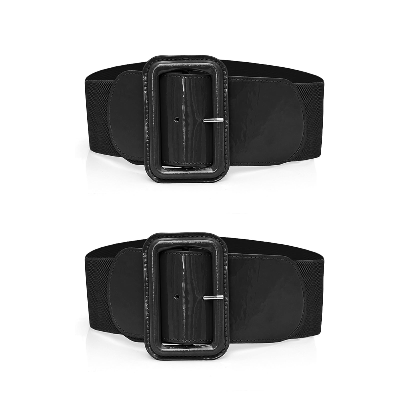 Thatyro Women's Black 2 Pieces Wide Elastic Belts For Dress, Adjustable Stretchy Waist Belt With Square Buckle, Vintage Patent Leather Waistband For Fashion Overcoat Clothes Matching (Black)