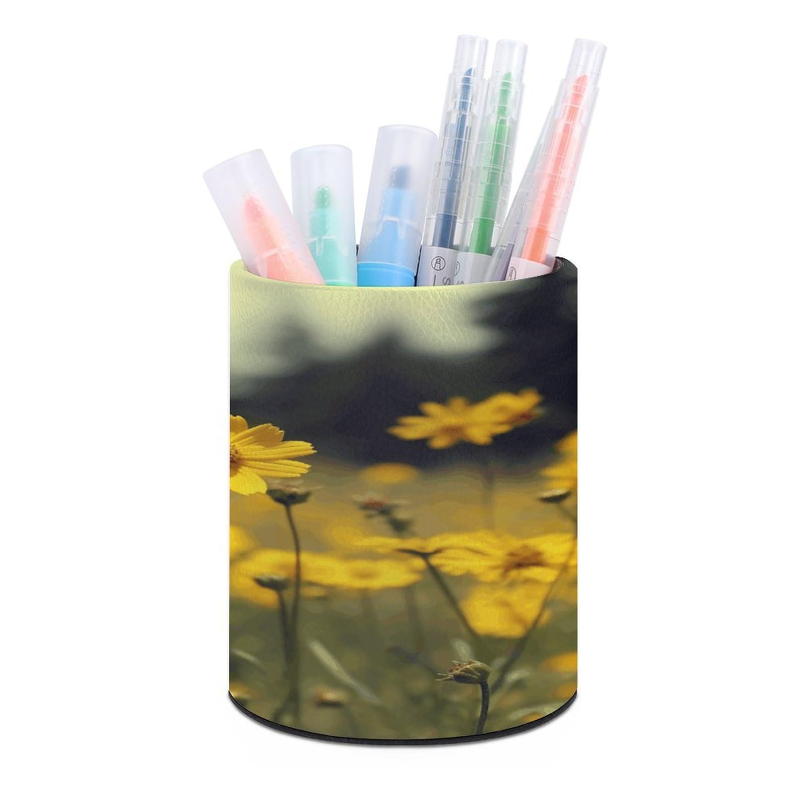 FekiLoot - Summer Pen Holder Customizable Yellow Flowers Office Accessories Round Pen Container Box Desk Organizer Holder