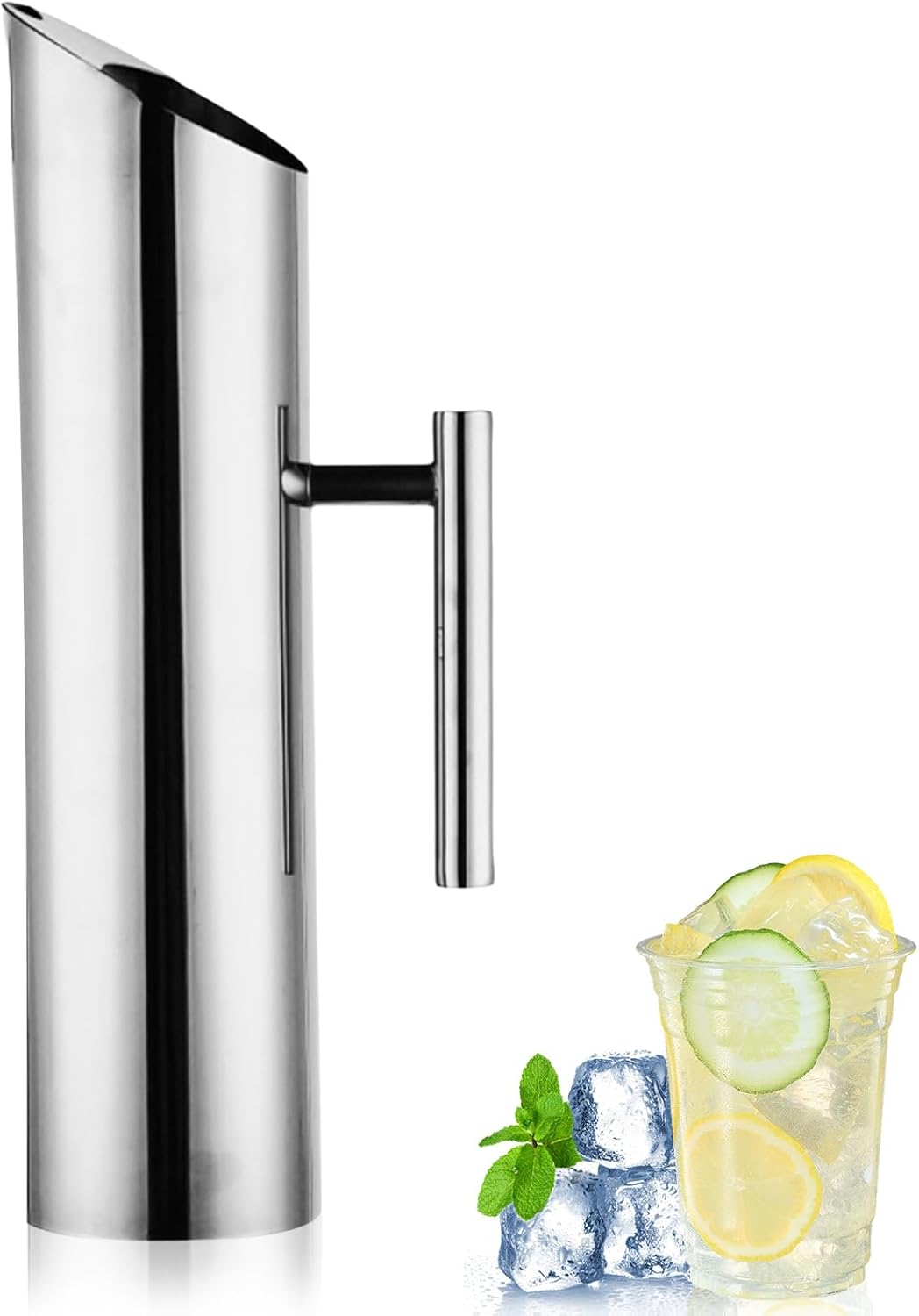 Stainless Steel Water Pitcher with Ice Guard, Metal Water Jug with Lid Cold Drinking Pitcher Beverage Container for Juice Coffee Milk, Iced/Hot Tea