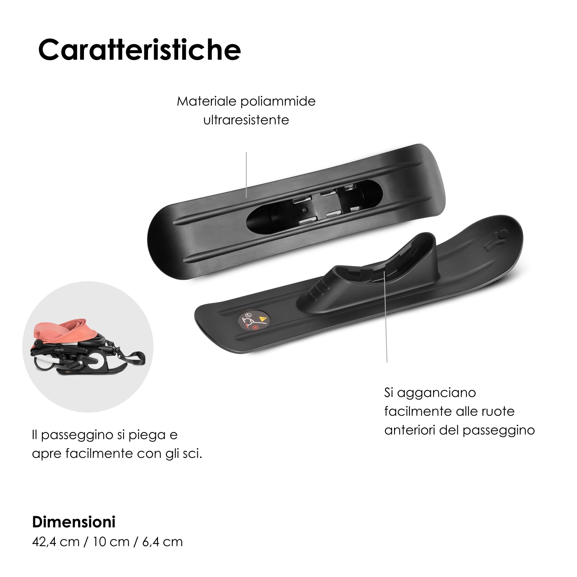 Gli sci YOYO BABYZEN - Consentono al passeggino di scivolare facilmente e in sicurezza sulla neve - Custodia inclusa