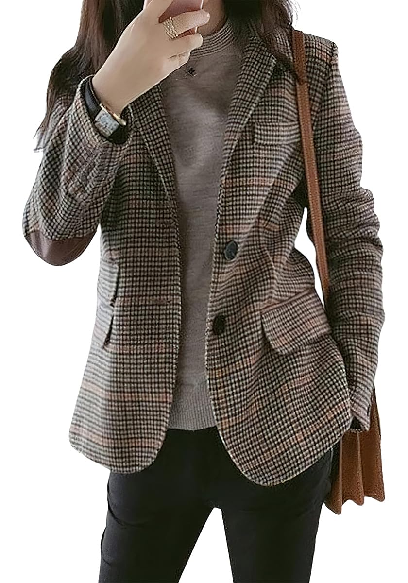 ebossy Womens Vintage Nothced Lapel Single Breasted Boyfriend Blazer Suits Houndstooth Plaid Jacket Coat with Patched Elbow