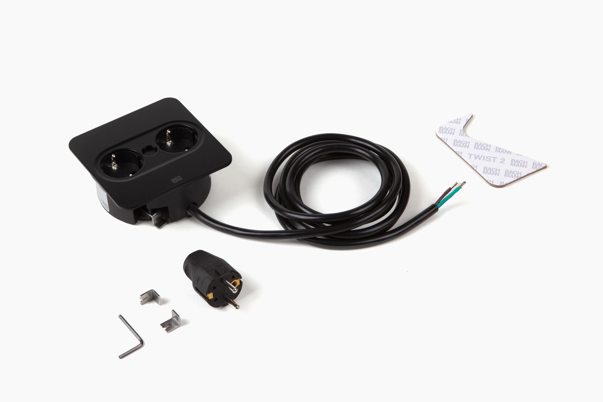 BACHMANN Einbausteckdose Twist 2 eckig 2-Fach, 2m Kabel, Tischsteckdose für Küche und Büro, Schwarz, 946.101 (automatische Öffnung und Anti-Fingerprint-Beschichtung)
