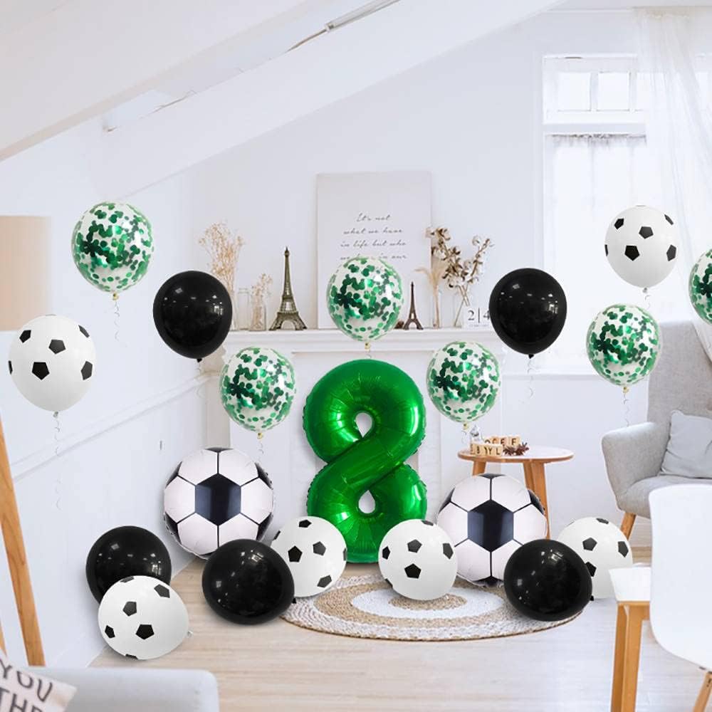 Soccer Birthday Party Decorations for Kids Boys Girls Soccer Ball Themed 14 year children's birthday decoration number 14 balloon, soccer foil balloon, green balloon for soccer themed celebration image 3