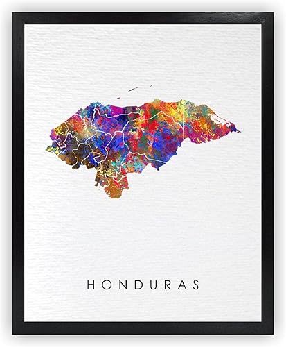 Dignovel Studios Póster de acuarela de Honduras sin marco de 8 x 10 pulgadas, mapa de la patria, país, mar caribeño, América Central, ilustraciones