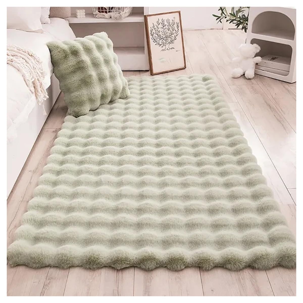 Tapis en fausse fourrure vert doux et lavable pour deco de salon
