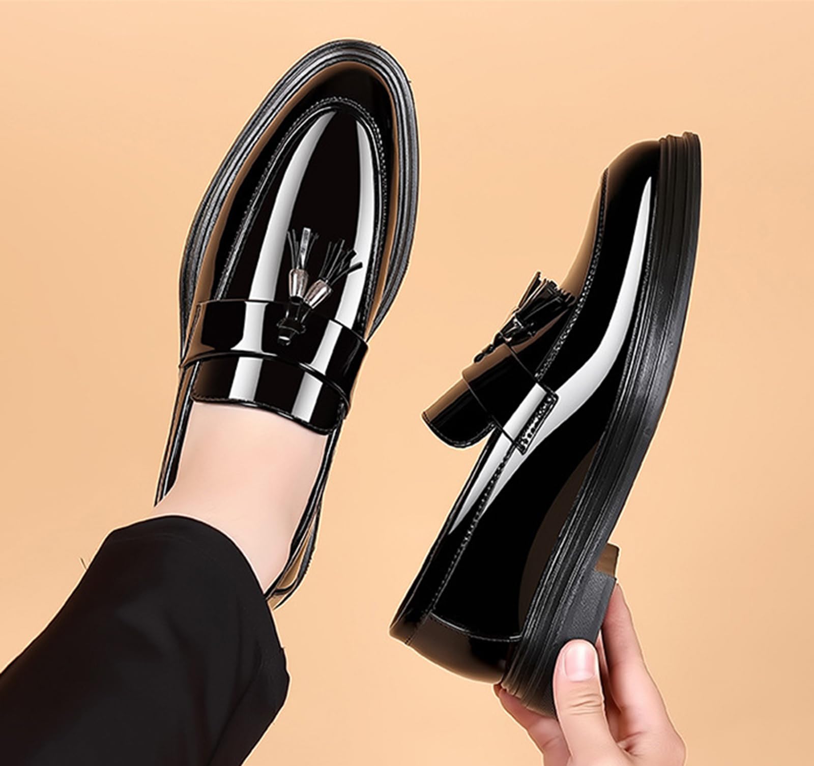 Mocasines Hombre con Borlas Zapatos de Vestir Brillantes Casual Boda Negocios Suela de Goma Punta Redonda