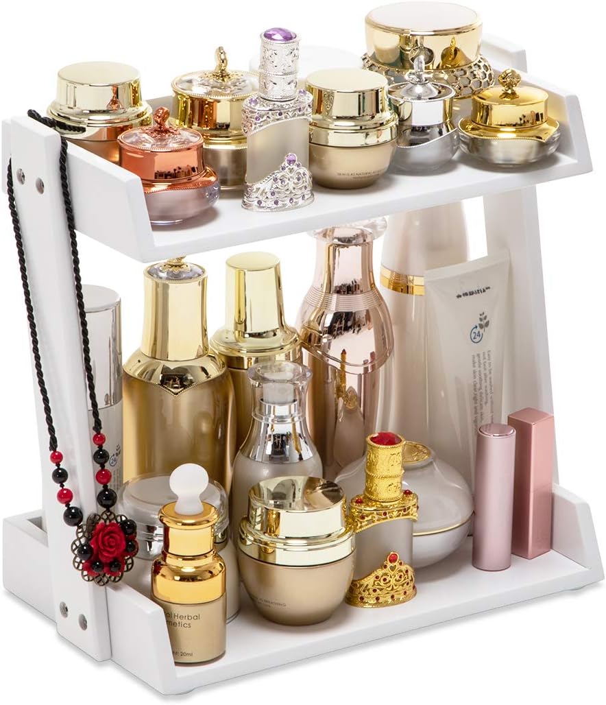 GOBAM Bamboo Makeup & Countertop Organizer, Small - 2 Layer Cosmetics, Lipsticks, Jewelry, Brushes, Hair Accessories & Perfume Organizer for Dresser, Easy Assembly - White