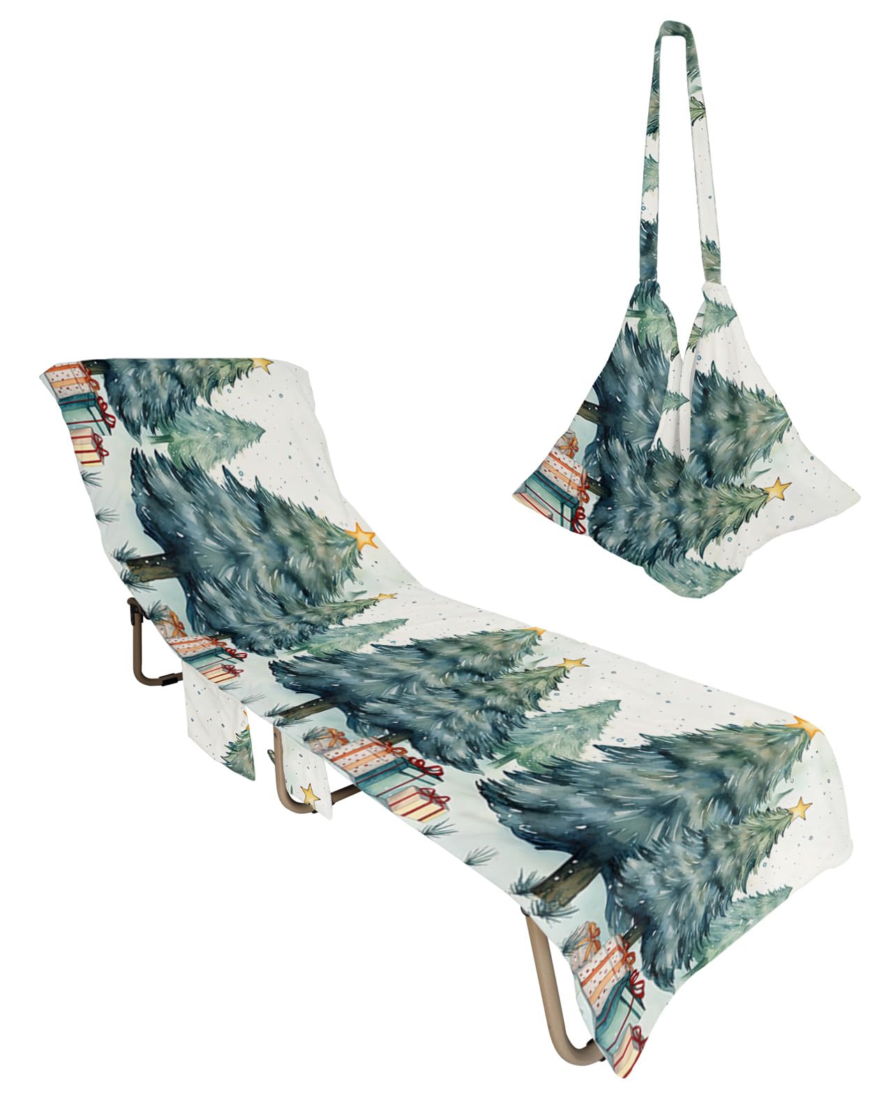 Christmas Tree Beach Lounge Chair Towel Cover, Soft Chaise Lounge Towel with Side Pockets Patio Pool Chairs Cover for Beach/Pool Sunbathing 29x85 Green Xmas Tree Christmas Gifts