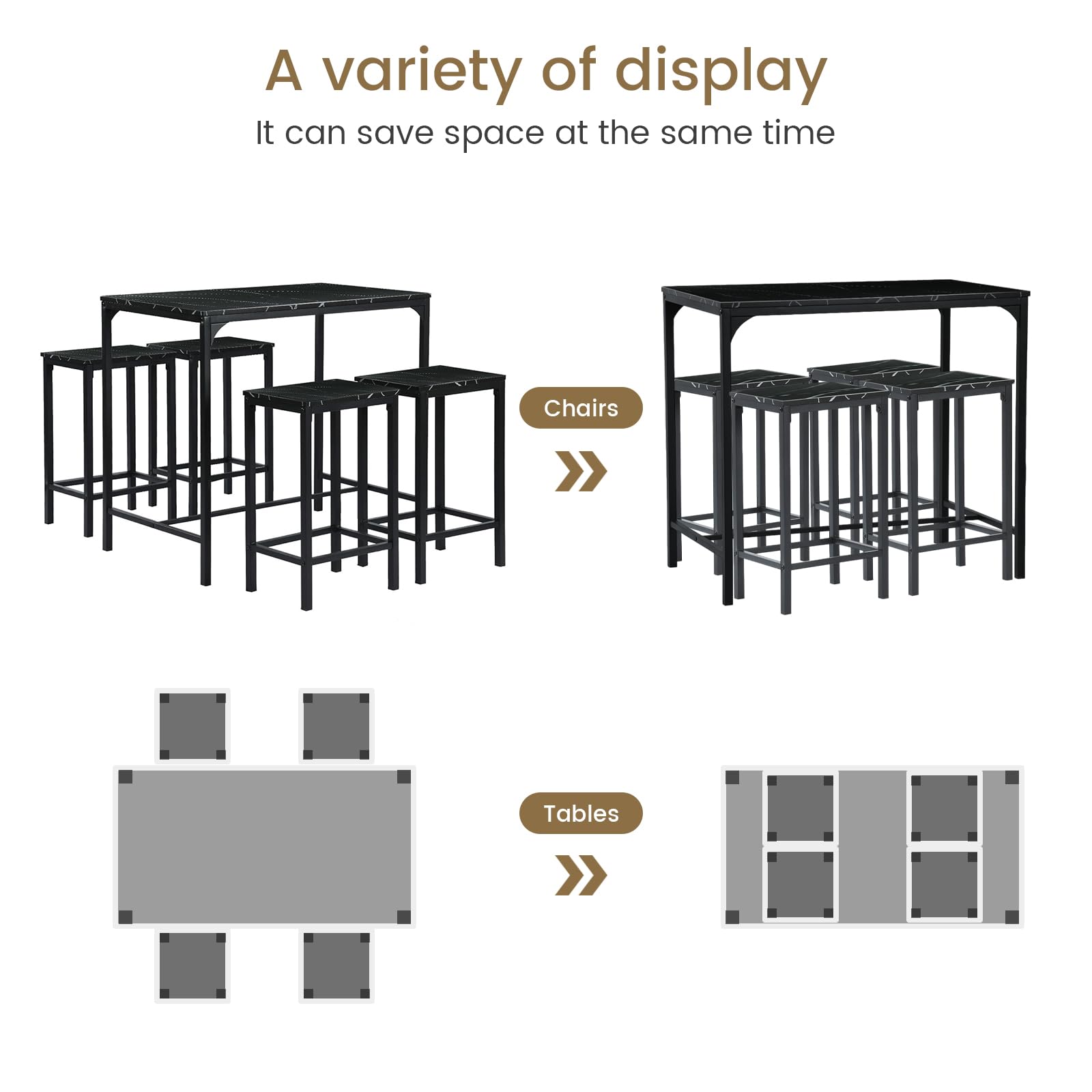 Table à Manger et chaises 5 pièces, Table Haute avec tabourets, Coin Bar pour la Maison, Convient pour la Cuisine, la Salle à Manger, Le Salon, la Table de Bar 100 x 60 x 90 cm, Noir
