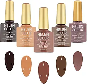 Kit 5 Esmaltes em Gel UV/LED, Tons de Marrom, Soak Off, Brilhoso, 10ml Cada, Fórmula Profissional para Manicure, Secagem em Cabine Helen Color