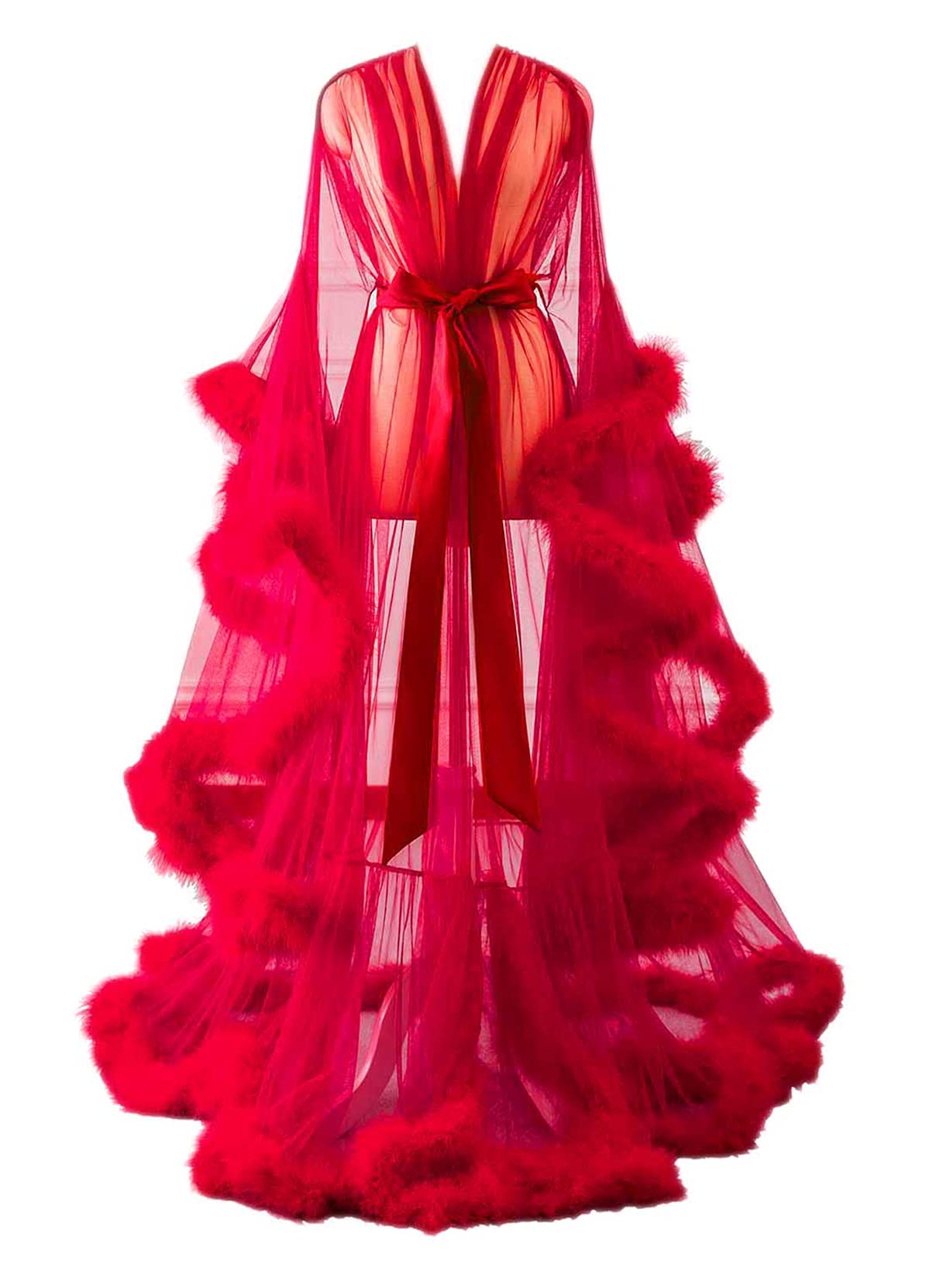 Changuan Sexy Feather Robe Long Fur Tulle Robe Sheer Lingerie Maternity Photoshoot Dress Sleepwear Nightgown Bathrobe