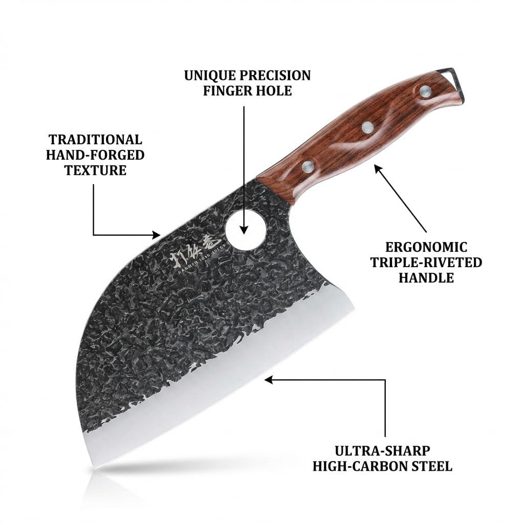 3PCS Butcher Knife Set, 7" Butcher Meat Cleaver, 7" Serbian Chef Knife and 6.5" Viking Knife, Hand Forged Kitchen Knife Set with Plastic Handle, Geat for Home, Camping, BBQ (Unique Finger Hole Design) — Amazon image 3