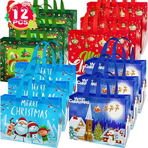 Funnlot Christmas Tote Bags Christmas Reusable Gift Bags 12PCS Reusable Christmas Shopping Bags Christmas Grocery Bags Reusable Christmas Bags With Handles -12.8â€™â€™x9.8â€™â€™x6.7â€™â€™