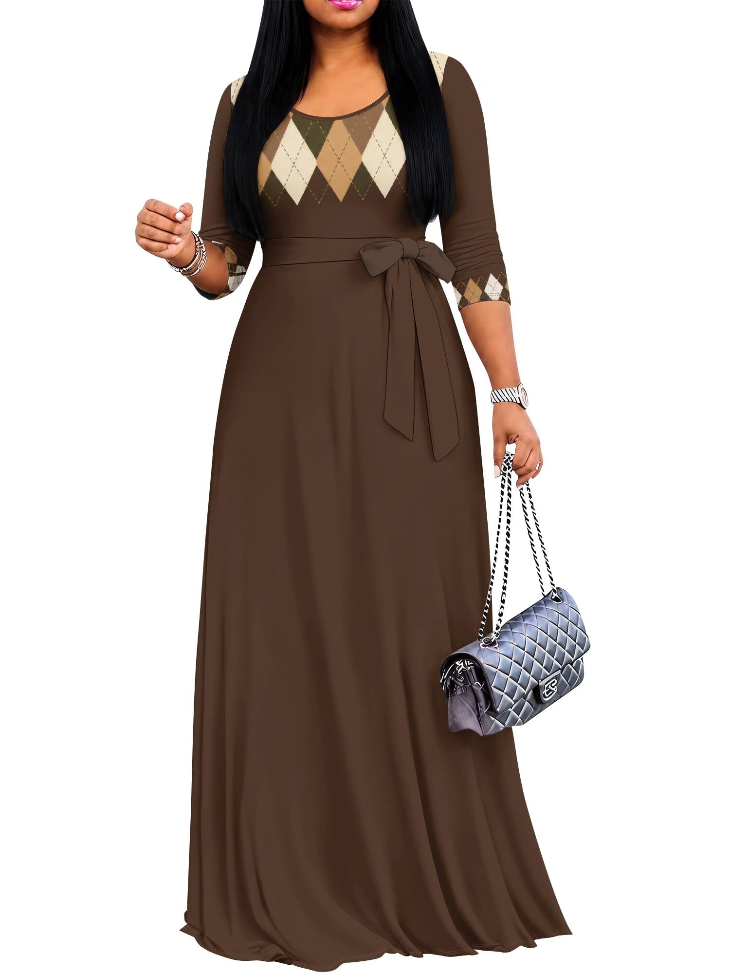 PinkPatty Women's Plus Size V Neck 3/4 Sleeve Boho Maxi Dress with Pockets | Boho printed maxi dress with pockets and tie waist for travel, vacations, weddings, church, parties, and daily wear