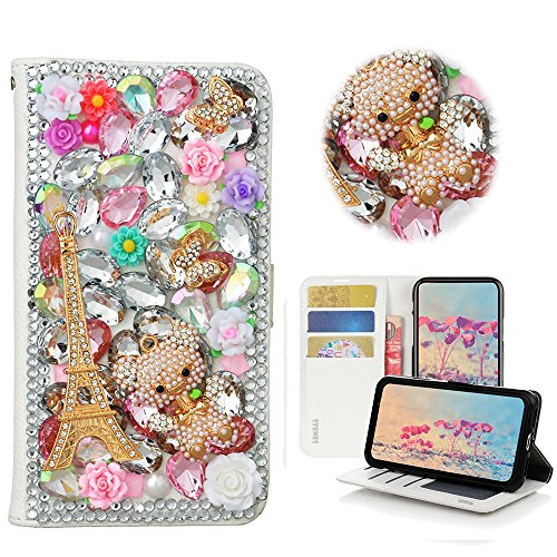 STENES Bling Case Compatible with Galaxy A10 - STYLISH - 3D Handmade Crystal Eiffel Tower Butterfly Bear Magnetic Wallet Leather Cover Compatible with Samsung Galaxy M10 / Samsung Galaxy A10 - Pink