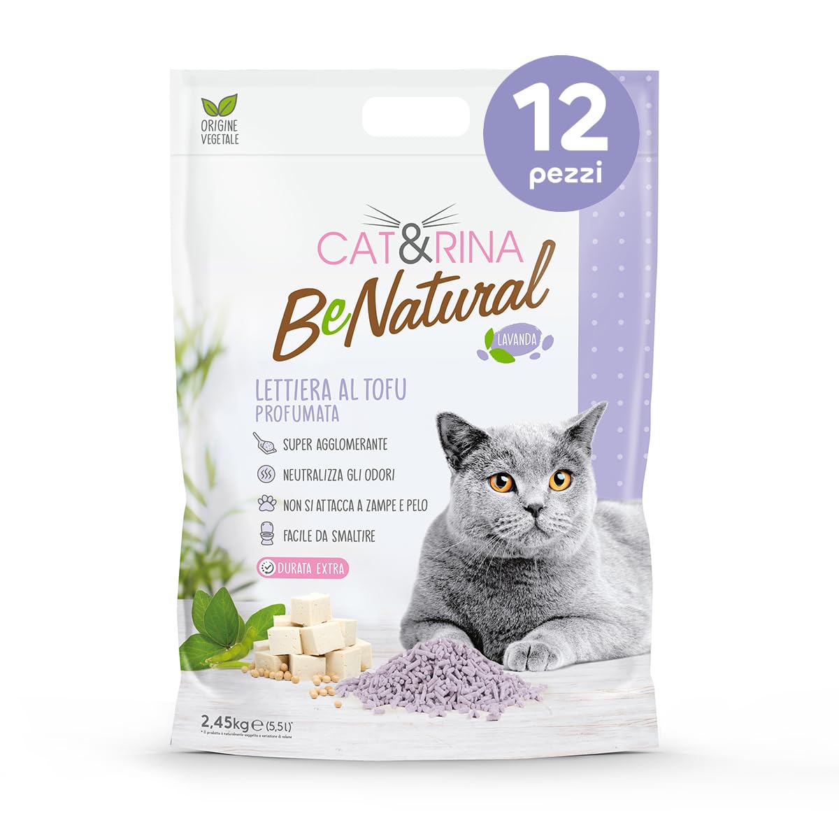Cat&Rina lettiera vegetale per gatti al tofu da 5,5l. Si smaltisce nell'organico o nel wc. Sabbia anti odore, Profumazione Lavanda, 12 pezzi