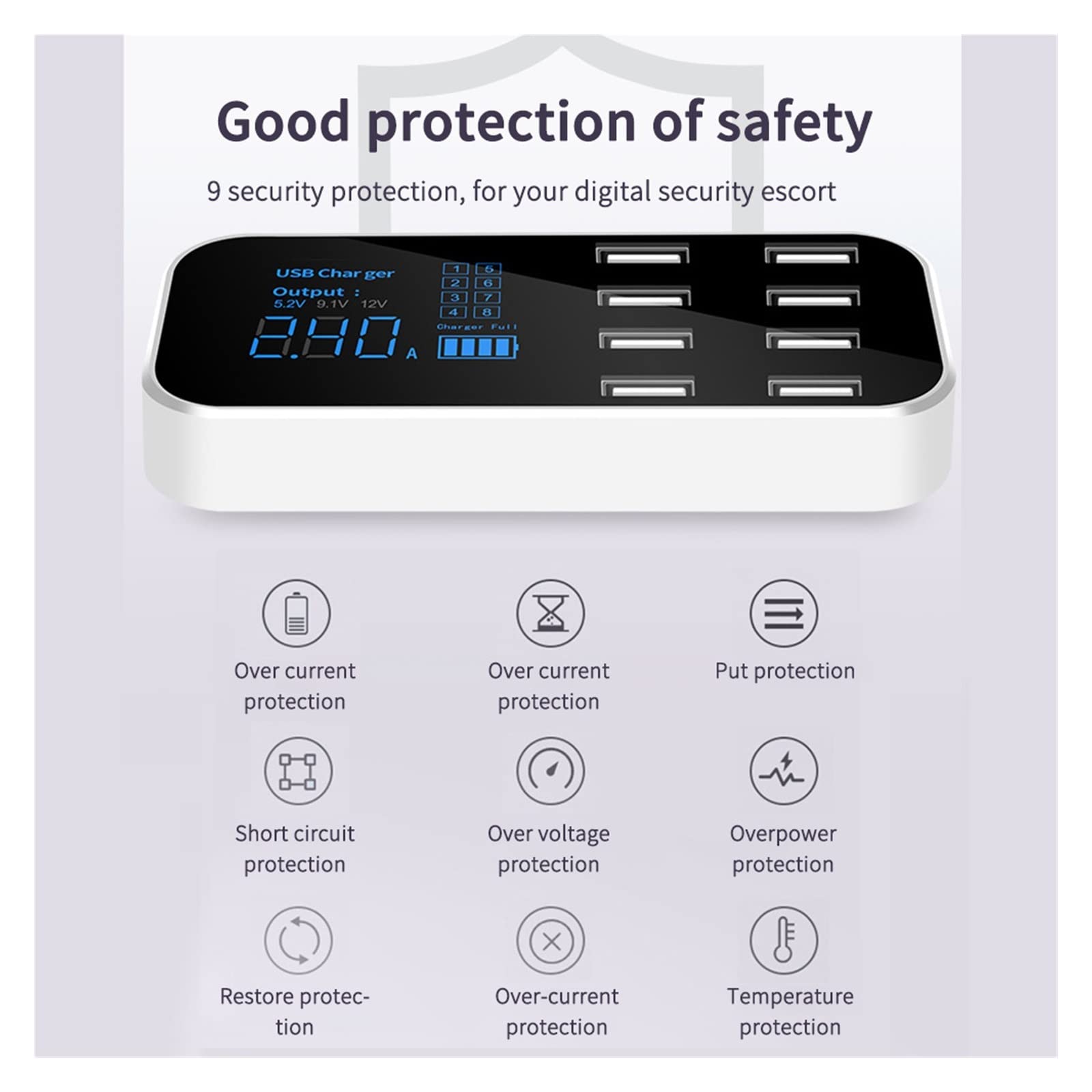 Cargador de Coche rápido Auto 8 Puertos Multi USB Pantalla LCD Cargador de teléfono 12V Cargador de batería Hub USB for tabletas de teléfono GPS DVR