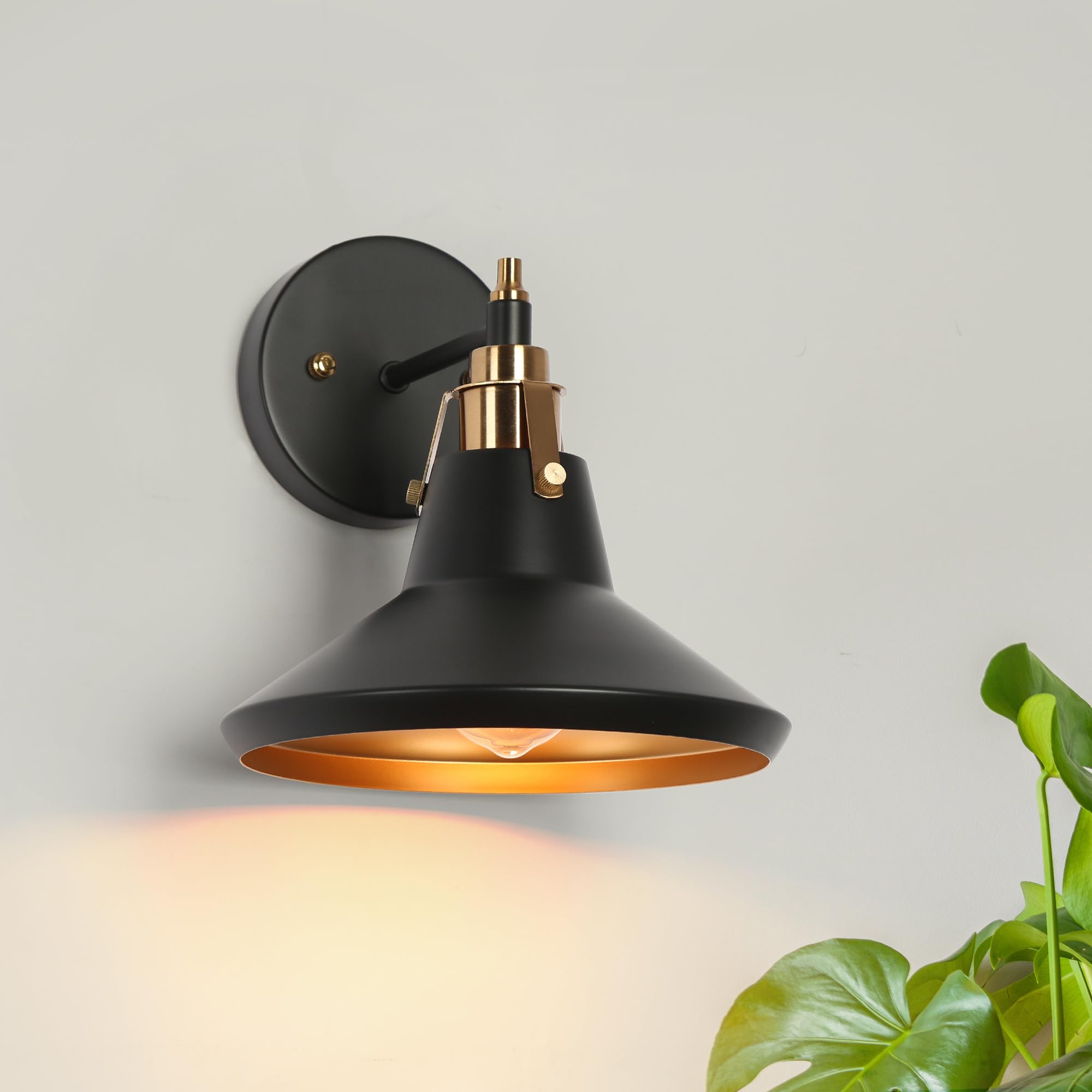 KSANA Sconce Wall Lighting, Black and Gold Wall Mount Sconce Light, Modern 1-Light Bathroom Light Fixtures with Large-Opening Metal Shade for Stairway, Living Room and Kitchen