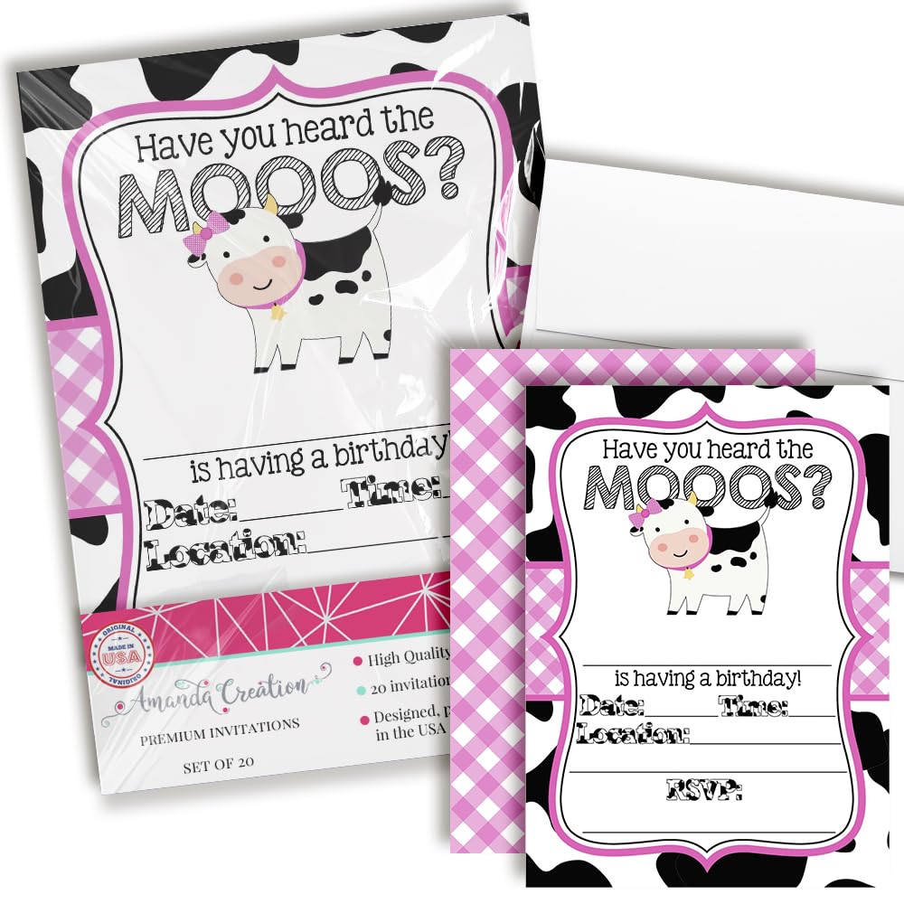 Heard the Moos Pink Cow-Themed Birthday Party Invitations for Kids, 20 5x7 Fill In Cards with Twenty White Envelopes by AmandaCreation