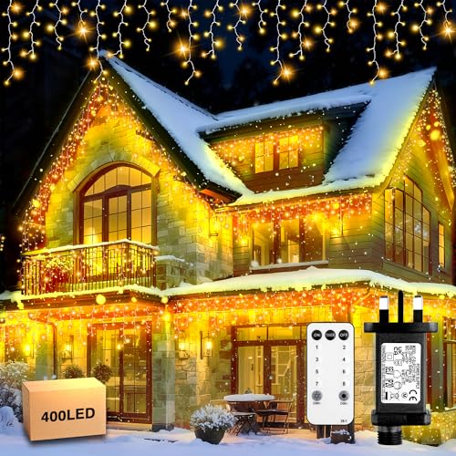 Xahpower Icicle Lights Outdoor 12M 400LEDs Fairy Light Decoration Plug in 8 Modes 4 Adjust Brightness Waterproof Christmas Icicle Light for Party Wedding Garden Window Wall Birthday