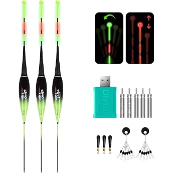 QualyQualy Set of 3 LED Fishing Floats with Bite Alarm Fishing Floats Set with Gravity Sensing and Base Light Float Fishing Floats Trout Floats Fishing Accessories with 3 Pieces Rubber Stoppers