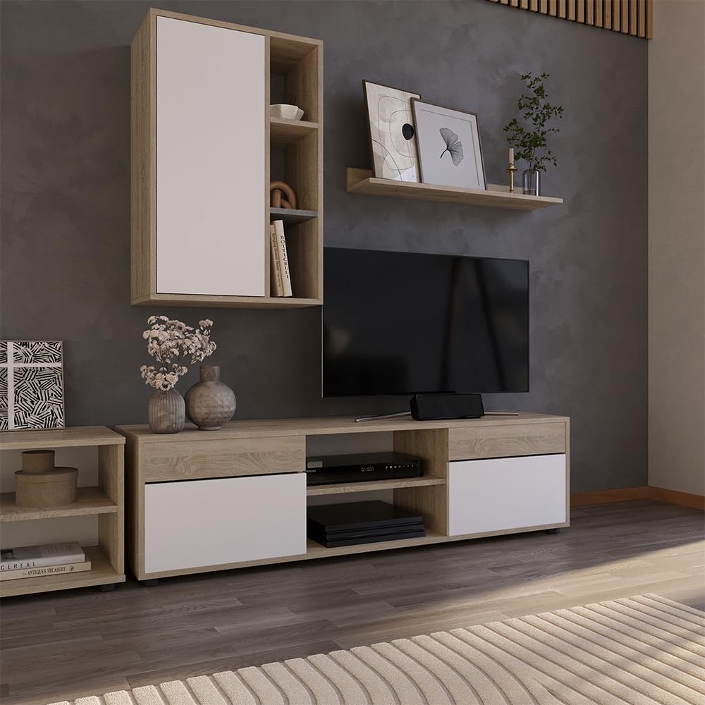 Vicco Parete attrezzata soggiorno Berno, Sonoma/Bianco, 2 parti, per la conservazione di accessori multimediali e l'esposizione di decorazioni