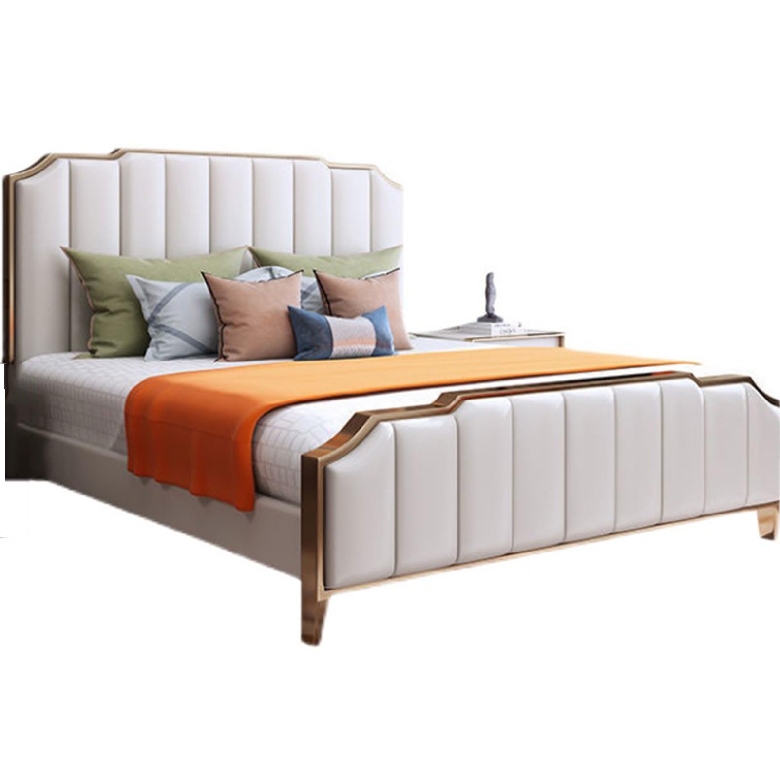 White Modern Leather Full Size Bed Frame Wooden Slats Support King Size Upholstered Platform Bed Frame Noise-Free