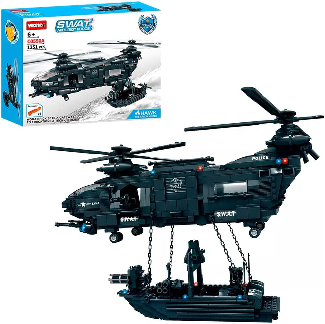 WOMA Special Police Hawk Helicopter Toys for Boys & Girls 6+, With Patrol Boat, 1248 Blocks Building Set for Fans of Army Aircrafts and Military Aviation