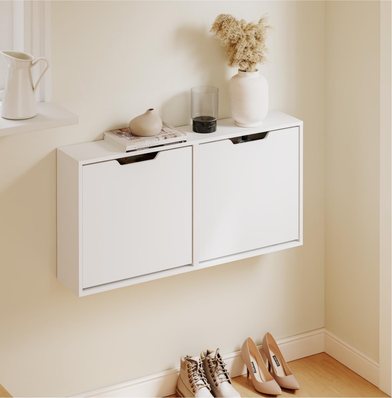 Haotian Wall Mounted Slim Shoe Cabinet for Entryway, Narrow Shoe Rack with 2 Flip Drawers, Hidden Shoe Storage Organizer, Vertical or Horizontal Mounting, Anti-Tip Design, White, FSR210-W