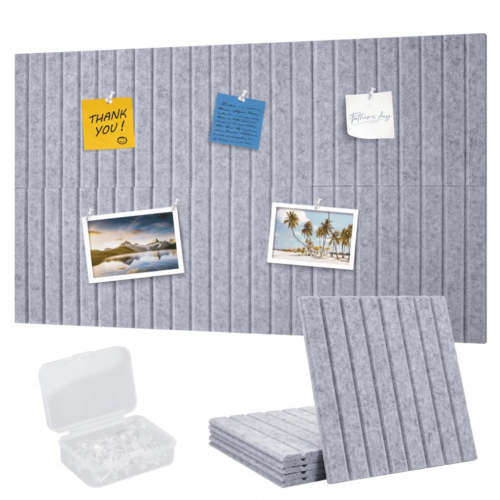 Cork Board Alternative-36 x 24" Felt Bulletin Board Tiles with Pushpins & Adhesive, 6-Pack Slat Wall Paneling for Office, Home, Bedroom as Notice Board, Pin Board, or Wall Decor-Grey