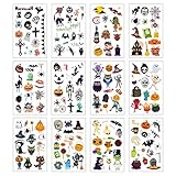 Karikatur Halloween Tattoo Set: 12 Blatt Halloween Tattoo Aufkleber, mehr als 150 verschiedene Arten von kleinen Mustern, die Hexe mit einer Sense, der Kürbis mit einem seltsamen Lächeln, tanzendes Skelett, die Spinne mit einem Netz, gruseliges Schloss. Jedes ist ein klassisches Halloween Element, Kinder können immer ihre Lieblingsmuster darin finden.