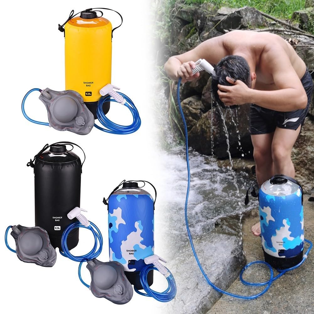 Bolsa de ducha portátil de camping de 12 L con bomba de pie, ducha plegable de PVC 500D para senderismo, playa, lavado de coche, manguera de 200 cm, kit de baño con calefacción solar