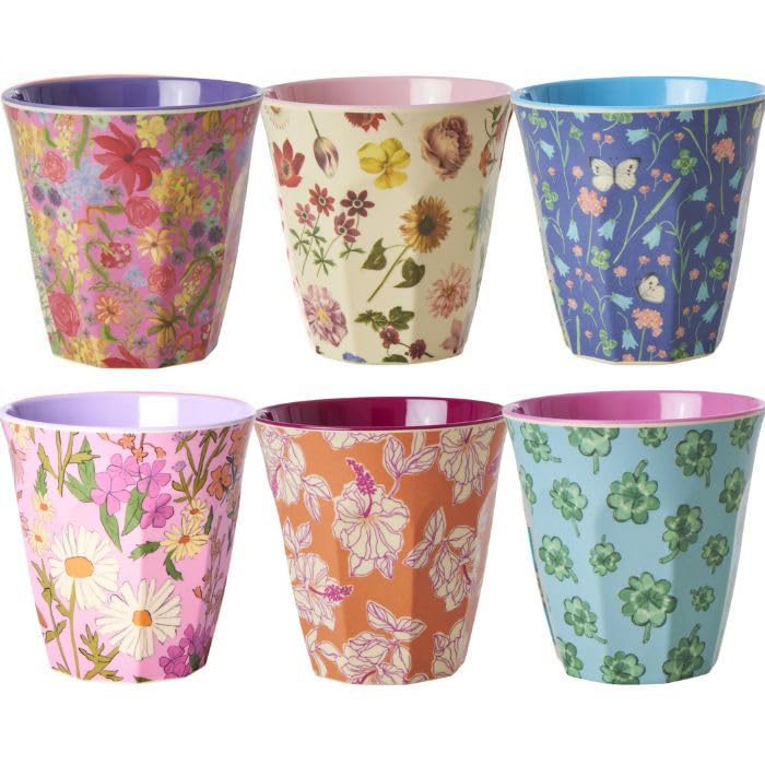 Rice Lot De 3 Gobelets Mélamine Motif Floral - 250 Ml, Sans BPA, Colorés Jaune Bleu Rouge, Idéal Camping & Pique-Nique