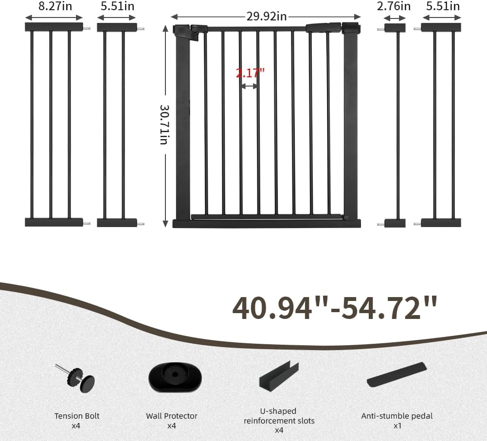 Baby Gate for Stairs, Dog Gate for Doorways, Walk Thru Auto Close Metal Baby Safety Gate for The House, Stairs and Doorways, Child Gate Pressure Mounted, Pet Gate for Dog Indoor (black, 40.94"-54.72")
