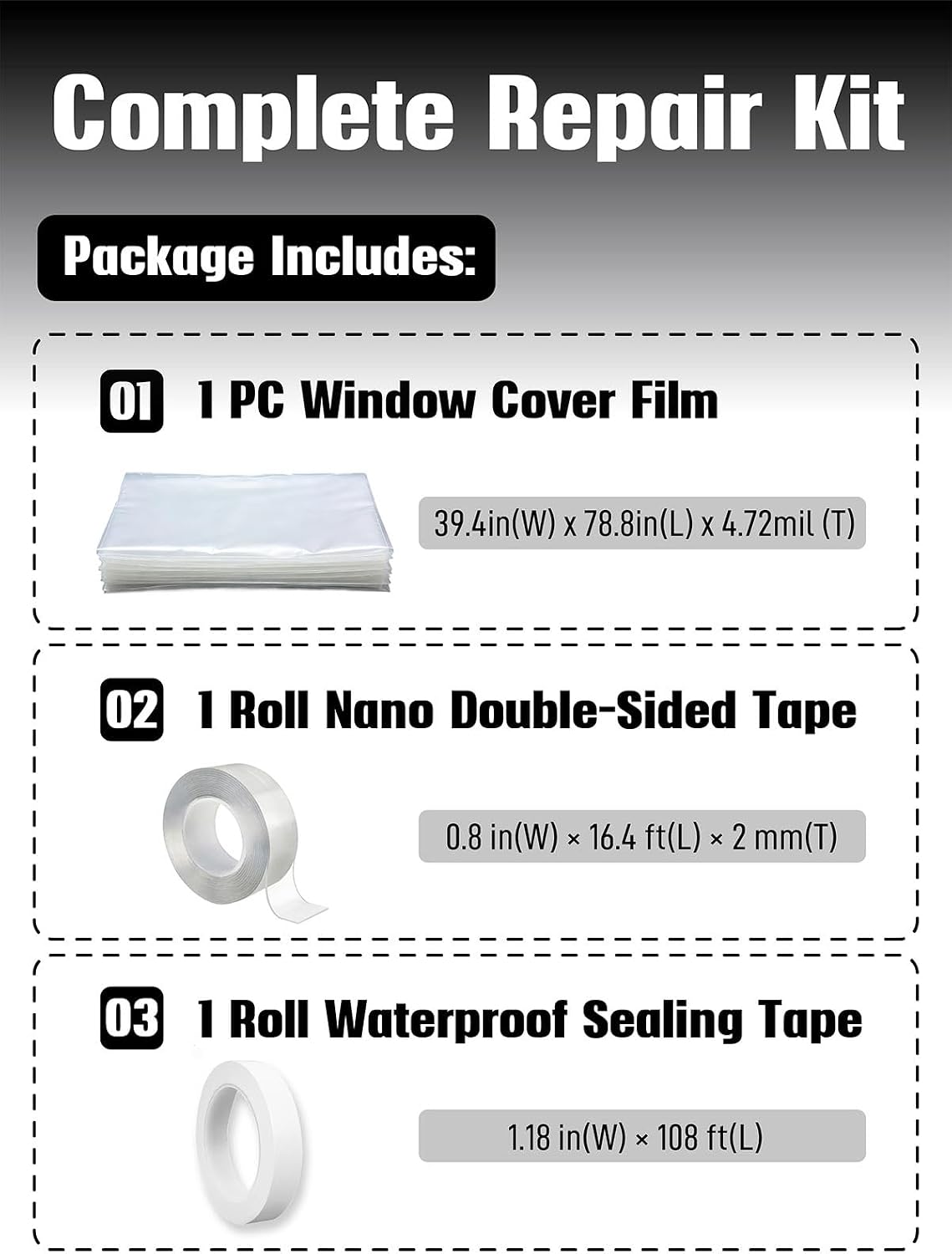 Temporary Car Window Cover for Broken Glass, 78.7x39.4 in Waterproof Plastic Film & Fix Tools for Broken Car Window Emergency Repairs, Auto Glass Temporary Replacement Kit with Double-Sided Tape