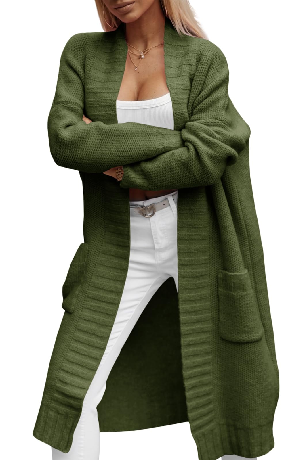 Imily Bela Damen Strickjacke mit Taschen Lang Grobstrick Cardigan Herbst Strickmantel Winter Open Front Pullover