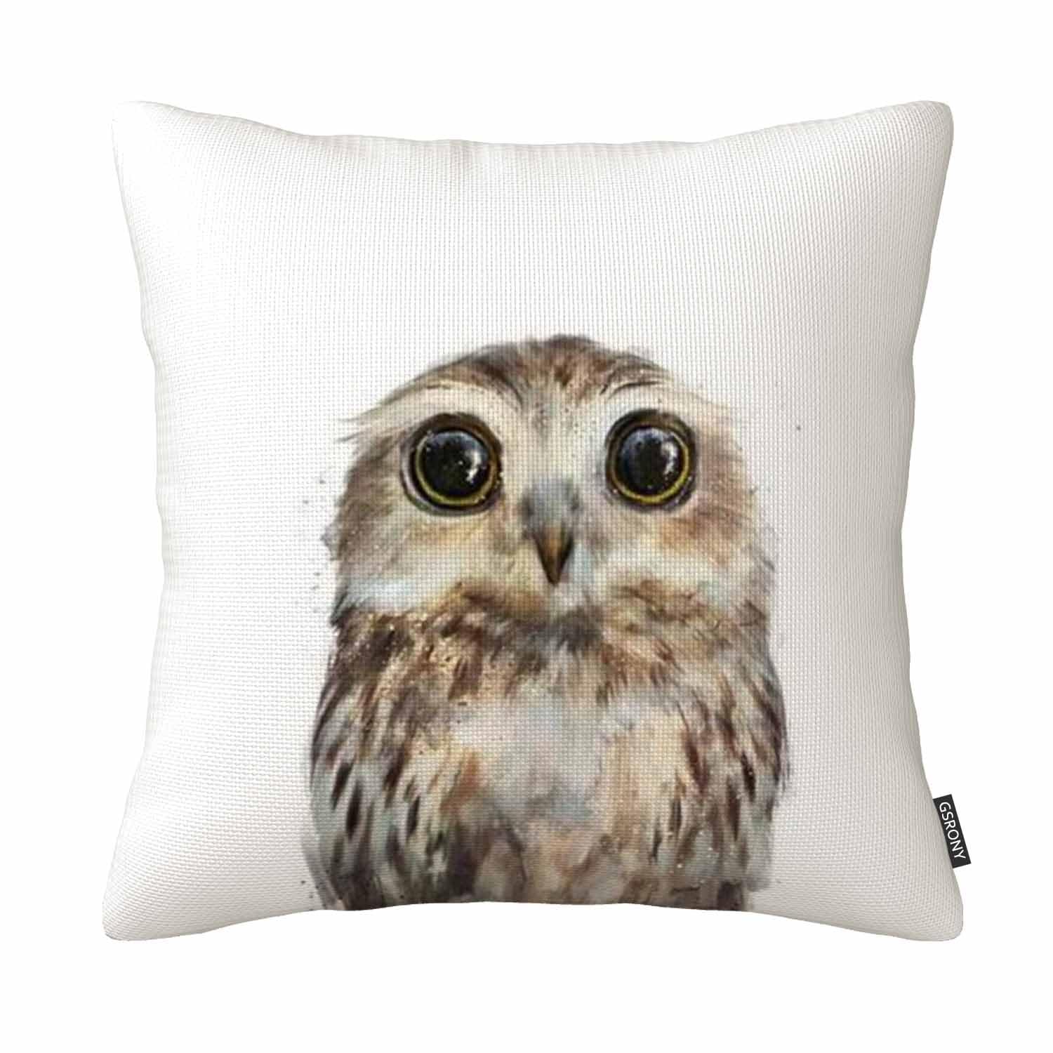 Gsrony Gray Bird Art Cute Owl Wildlife Watercolor Cushion Cover Pillow Case Zippered Cotton Linen Pillowcase 18X18 Inches