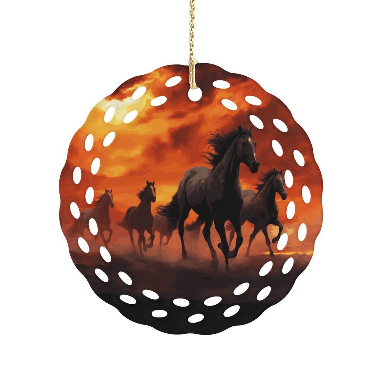 Btcowzrv Style Horses Red Glowing Clouds Ceramic Ornament,Round Ornaments With Hole Easy To Hang,Hanging Ornament For Wedding Party Home Window Garden Christmas Day Decor