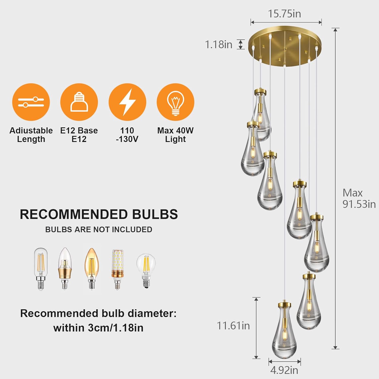 Raindrop Pendant Lights Kitchen Island Teardrop Gold Hanging Light Fixtures Clear Solid Glass Pendant Light Modern Chandeliers for Dining Room Porch Corridor Living Room(7-Light)