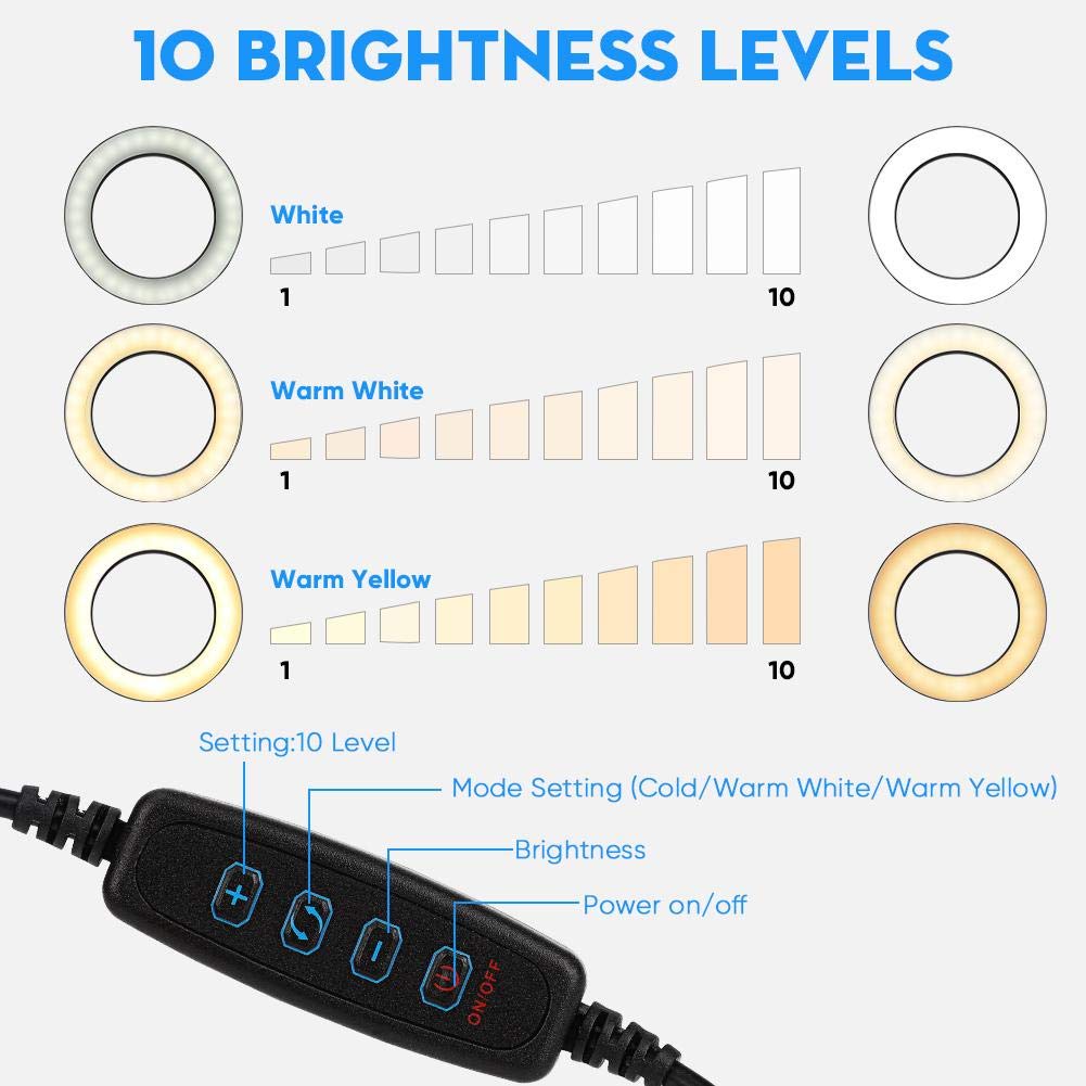 Wakects Kit d'éclairage annulaire LED de 6 Pouces avec trépied + Support de téléphone pour Youtube, kit d'éclairage Photo vidéo, Anneau Lumineux avec 3 Couleurs et 10 Niveaux de luminosité