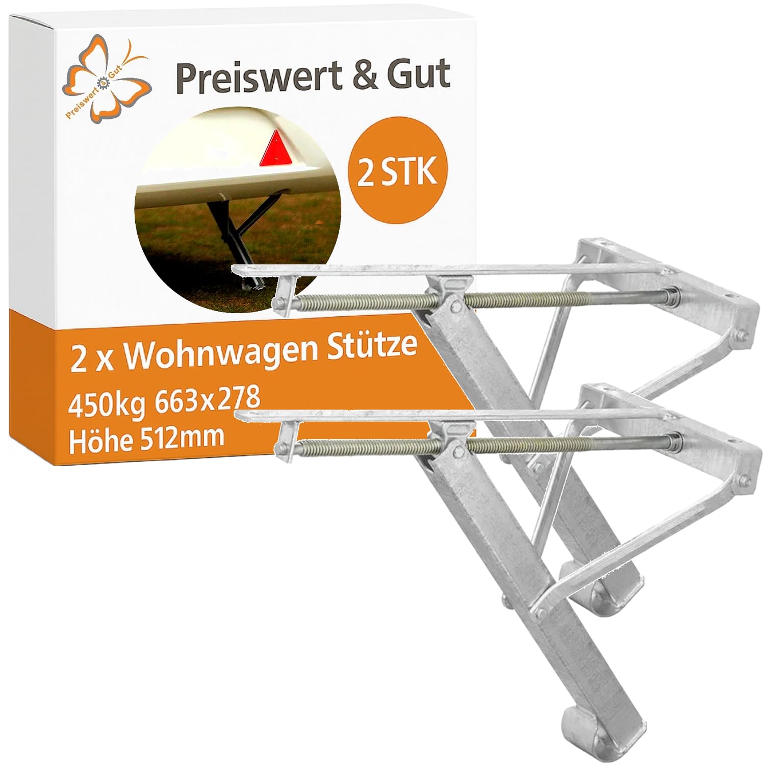 2 STK Wohnwagen Stütze aus verzinktem Stahl mit Trapezgewinde 450 kg