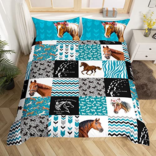 Loussiesd Horse Comforter Cover Set Girls Floral Horse Bedding Set for Kids Women Buffalo Check Geometric Farmhorse Bedding Duvet Cover Set Blue Wild Animal Double Size Quilt Cover 3Pcs
