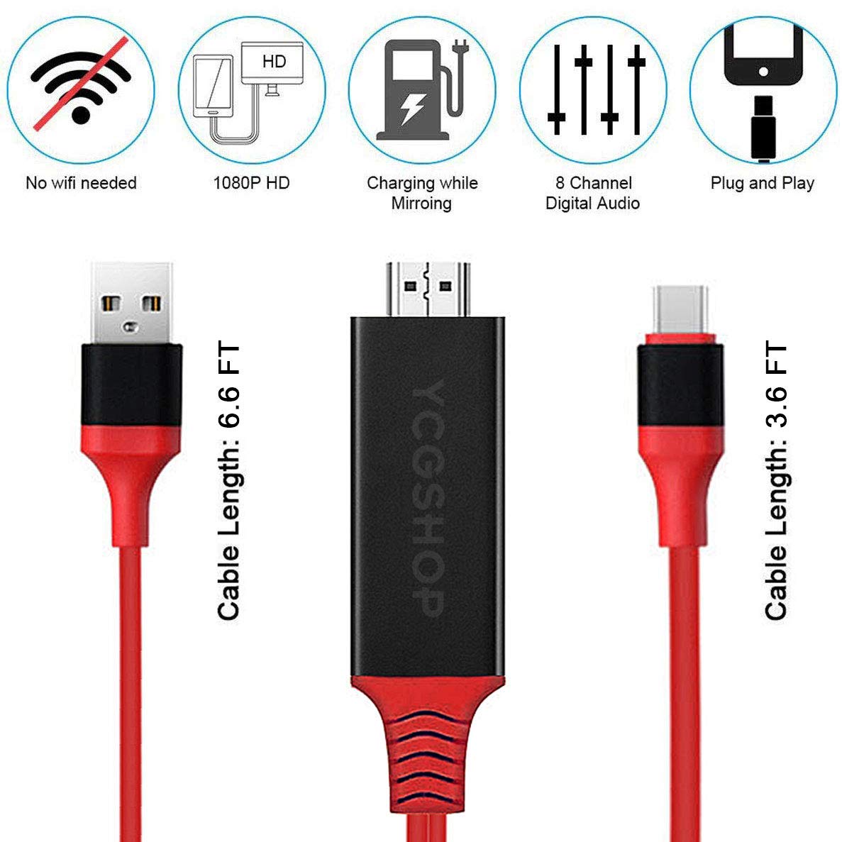 Hdmi Cable for Android Phone to TV, YCGSHOP Type-C to HDMI Converter Cable 6.6 Feet 1080P HDTV Adapter for Samsung Galaxy(Red)- Not Applicable to Micro USB
