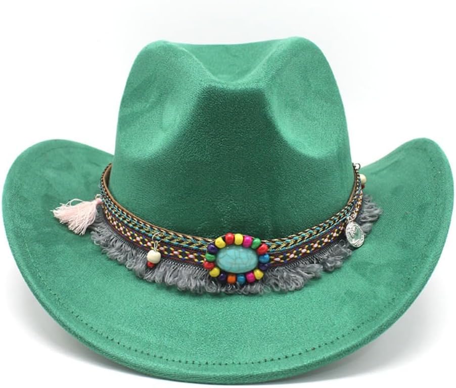 Western Cowboy Hat with Colorful Beaded Band, Taupe, Wide Brim, Unisex Adult, Classic Style with Fringe Detail