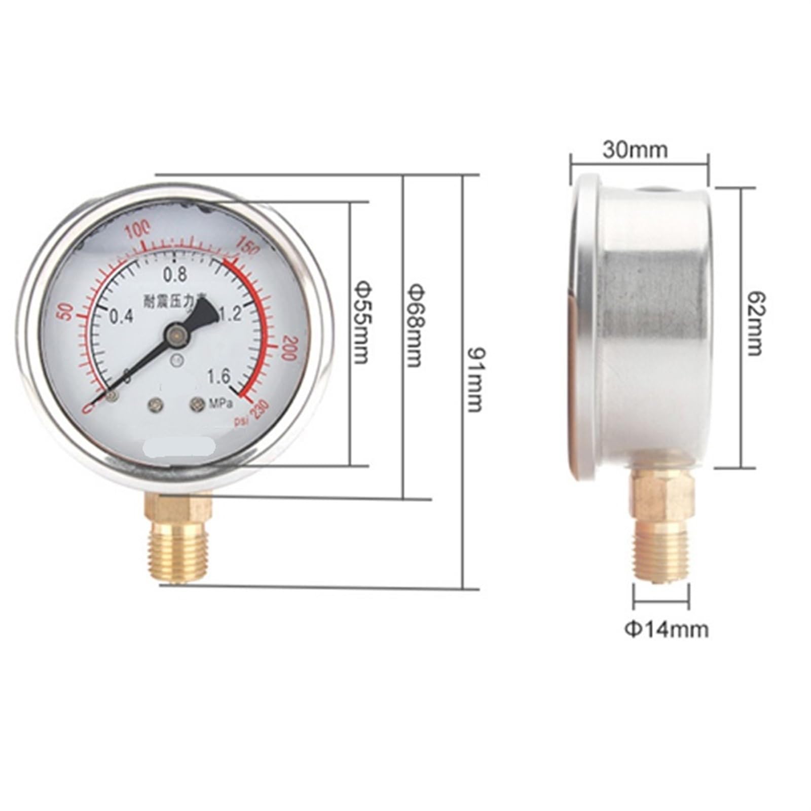 Manómetro de presión de vacío manómetro de Agua Manómetro de presión de 60 mm de diámetro, a Prueba de Golpes, Radial, de vacío Negativo, de Clase 1,6, Escala Doble(0 1.6Mpa)